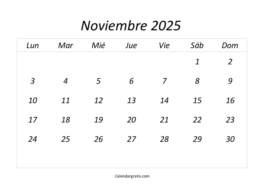 plantilla de calendario de noviembre de 2025