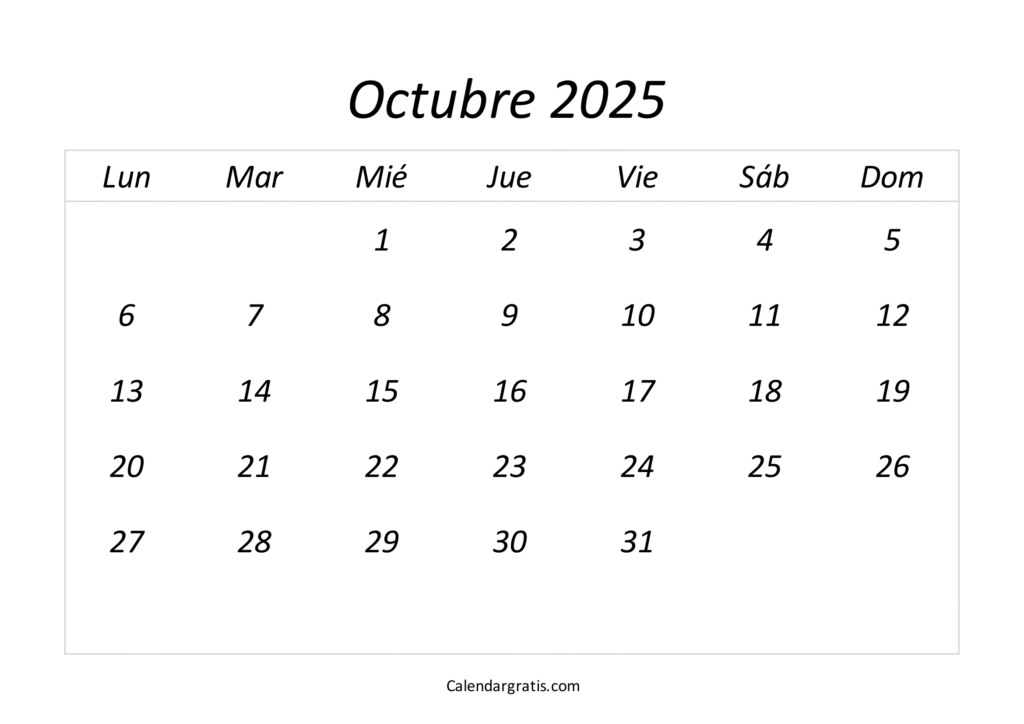 plantilla de calendario de octubre de 2025