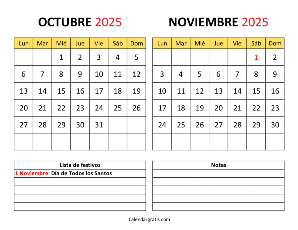 calendario octubre noviembre 2025 con festivos