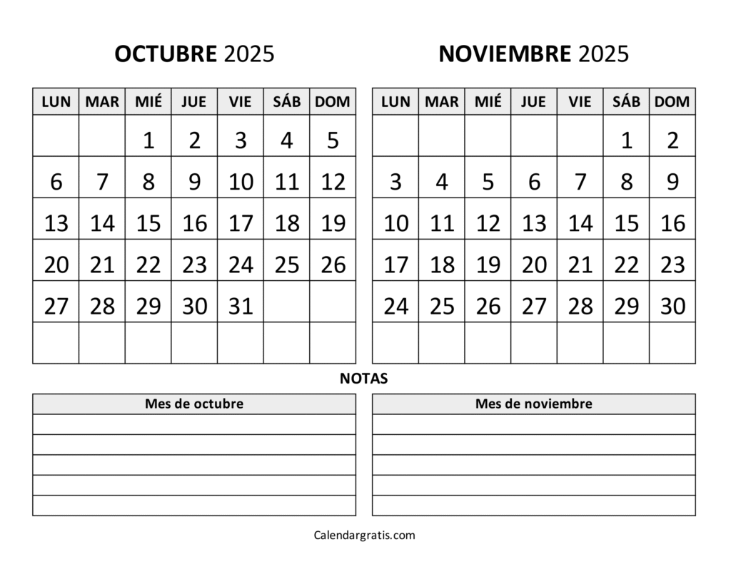 calendario octubre noviembre 2025 con notas