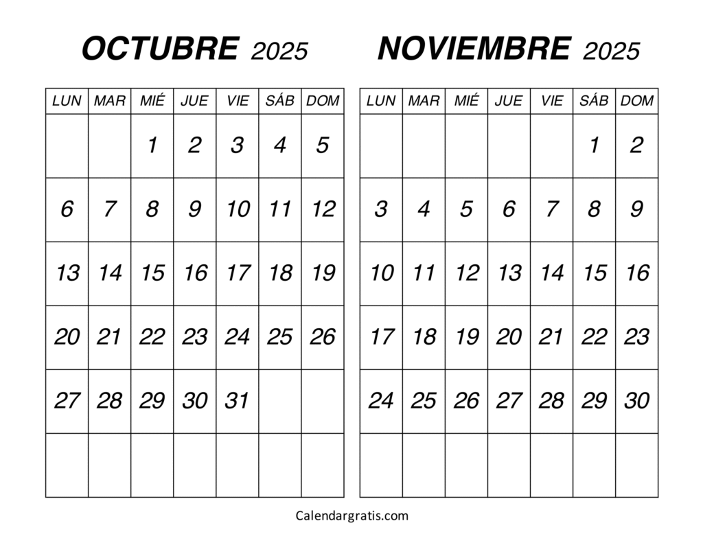calendario octubre noviembre 2025 con números grandes