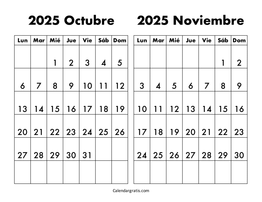 calendario octubre noviembre 2025 en blanco y negro