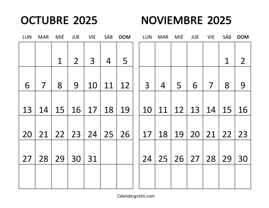 calendario octubre noviembre 2025 gratis