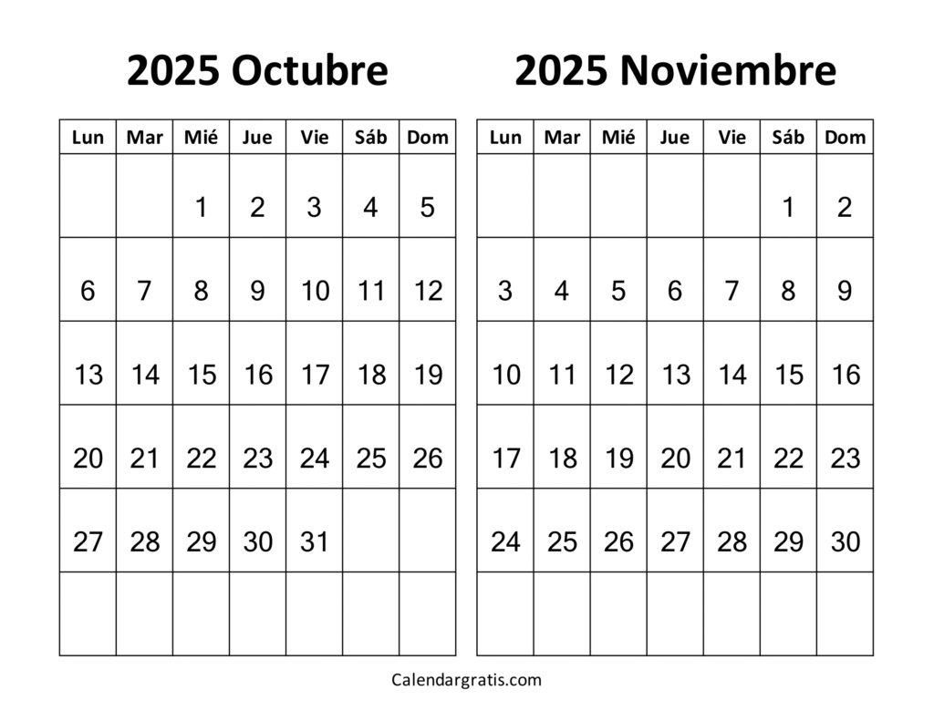 calendario octubre noviembre 2025 para imprimir