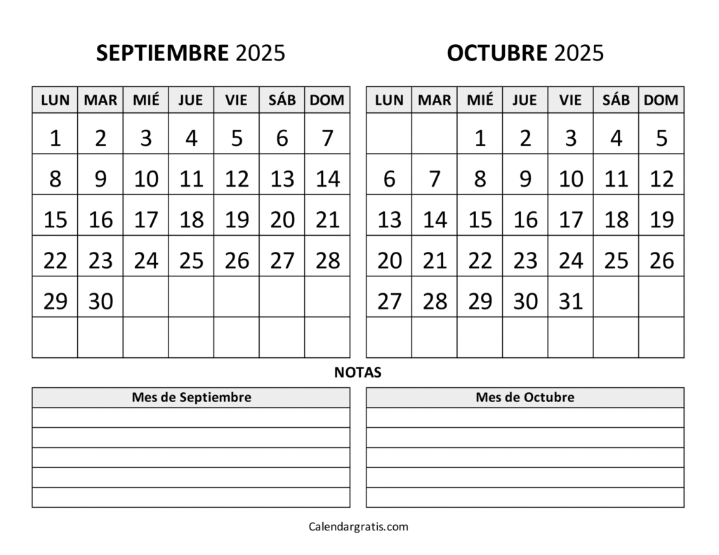 calendario septiembre octubre 2025 con notas
