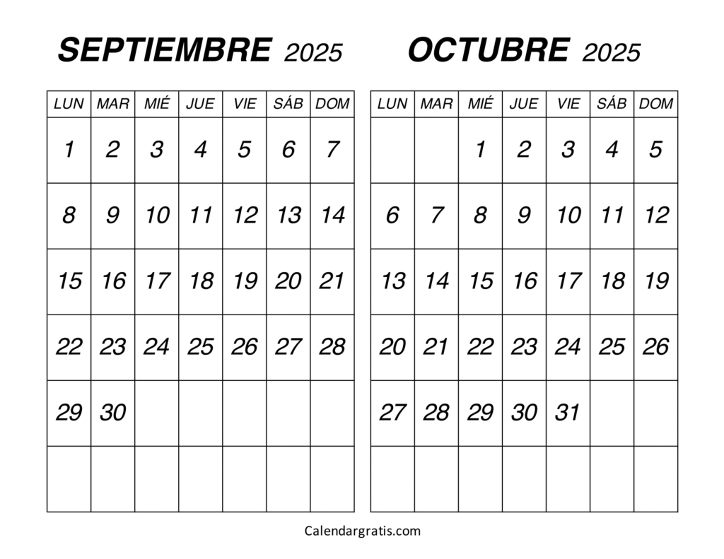 calendario septiembre octubre 2025 con números grandes