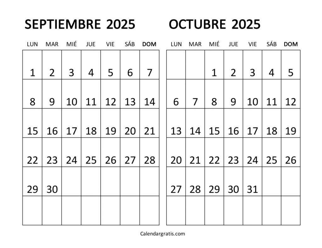 calendario septiembre octubre 2025 en blanco y negro