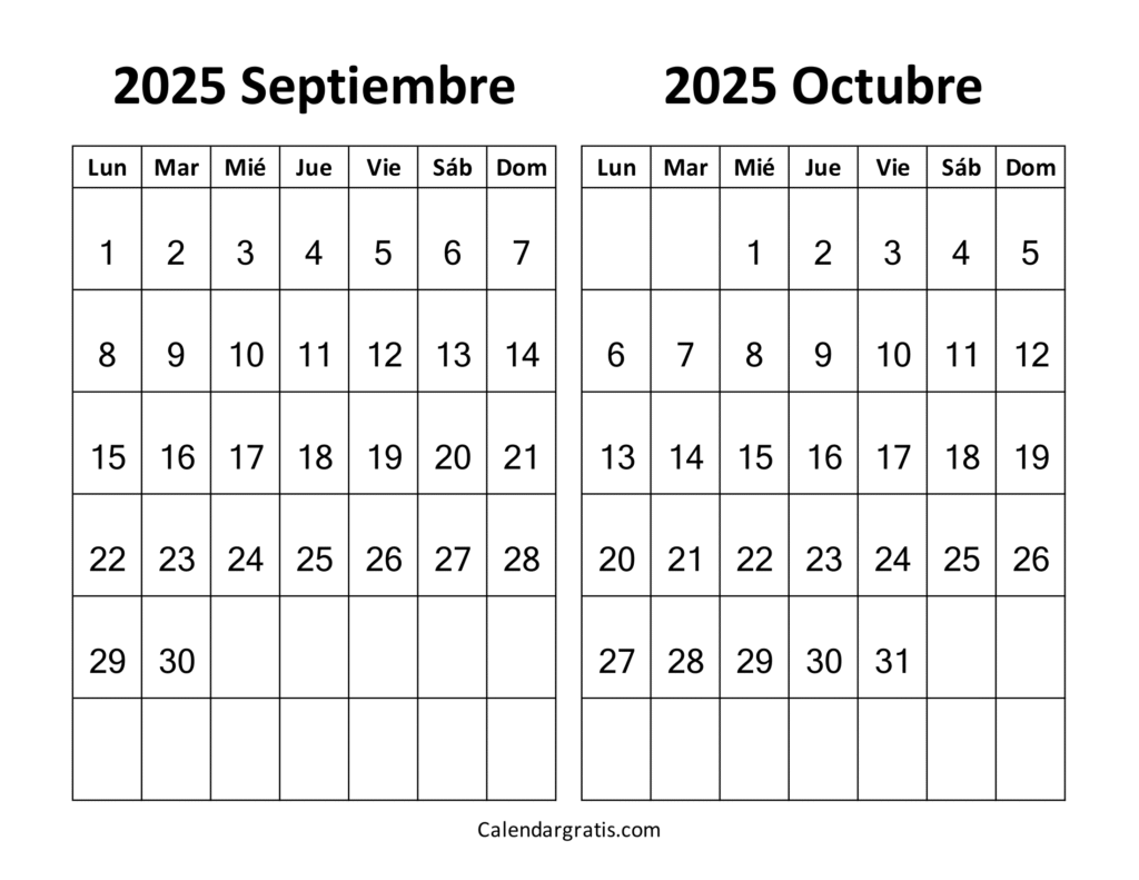 calendario septiembre octubre 2025 lunes a domingo